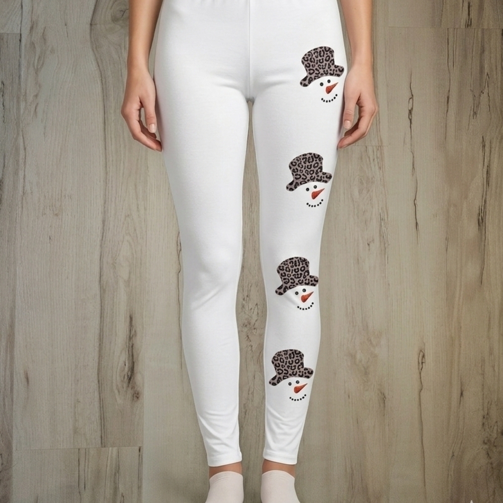 Snowman Print Fleece Lined Leggings Womens Med Winter Graphic Cozy Stretch Pants